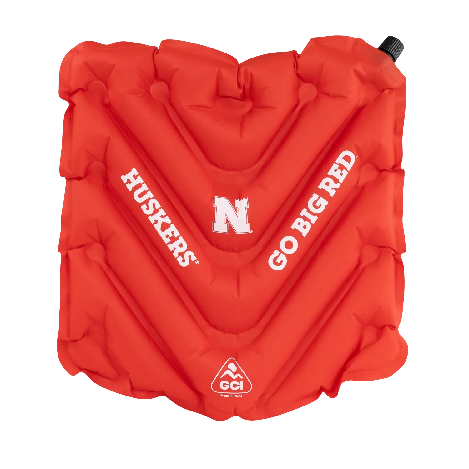 Front angle of V Seat with Nebraska Cornhuskers print.