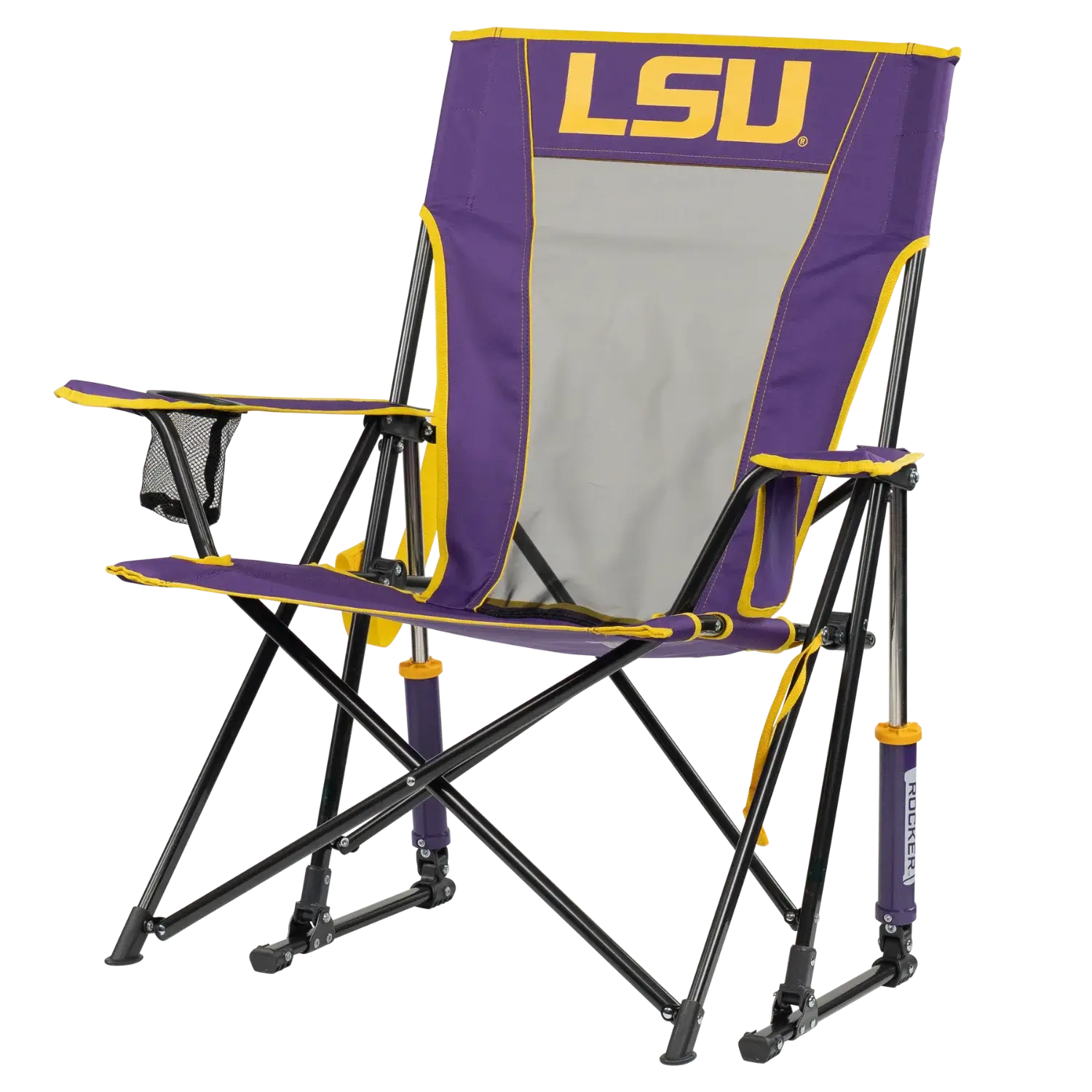 Side angle of Comfort Pro Rocker with LSU print.